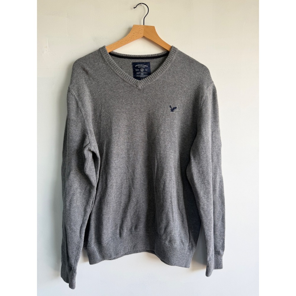 American Eagle Mens Gray V-Neck Cotton Knit Preppy Academia Cozy Y2K Sweater L